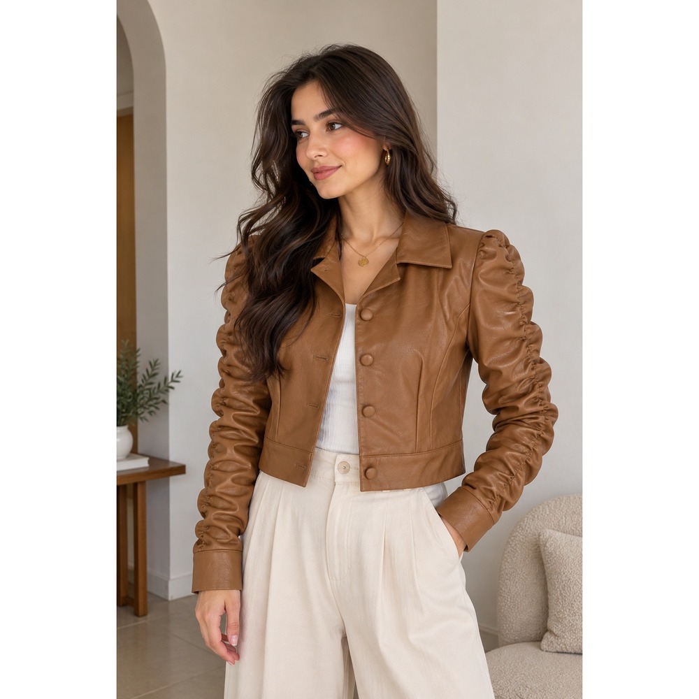 Venti6 Camel Brown Faux Leather Ruched Puff Sleeve Cropped Jacket Large NWT